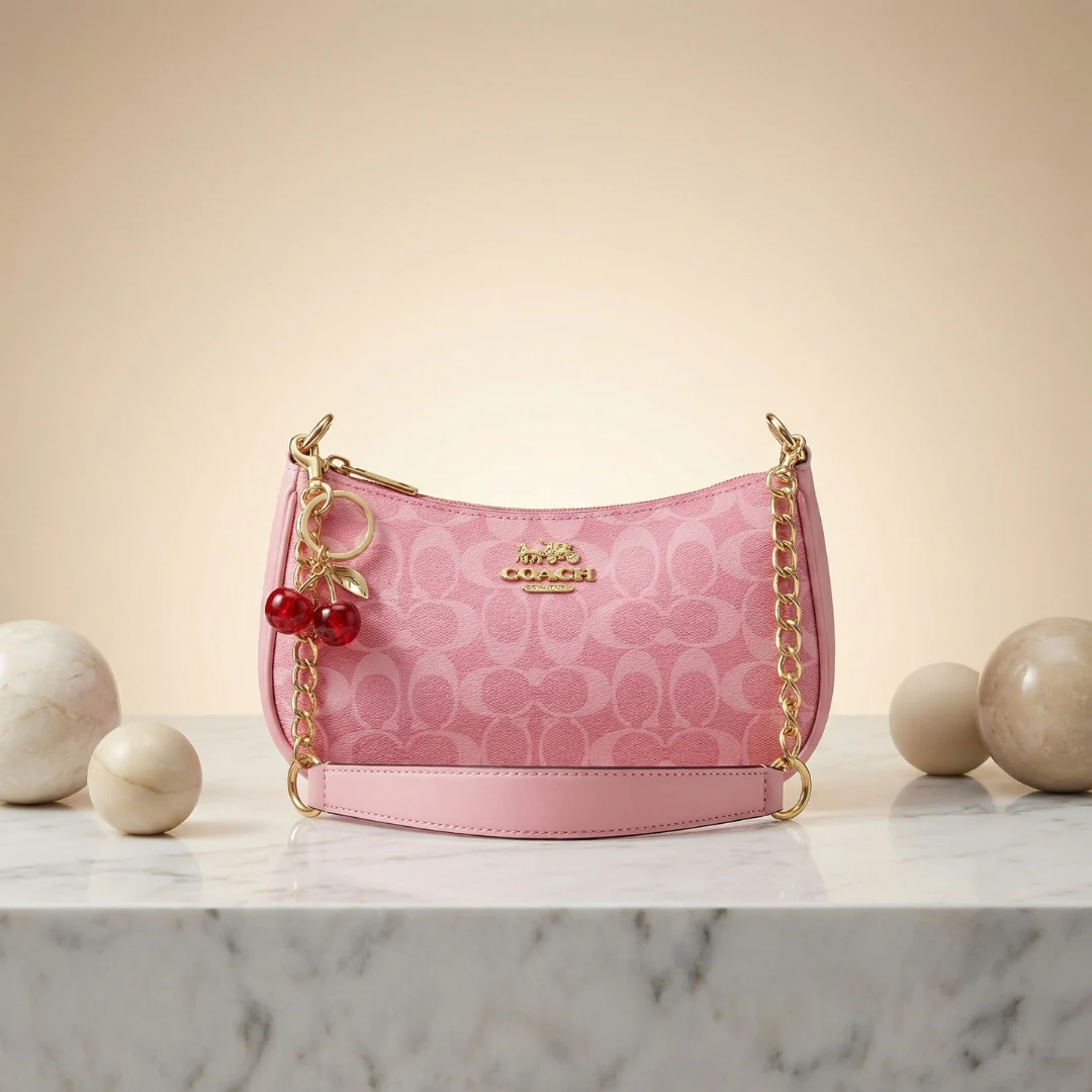 Chic Pink Coach Handbag with Cherry Charms 2